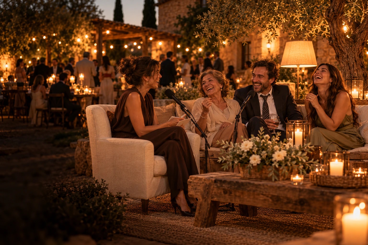 Imagen conceptual: una presentadora conversa y ríe con tres invitados en un rincón con sillones, velas y micrófonos durante una celebración nocturna